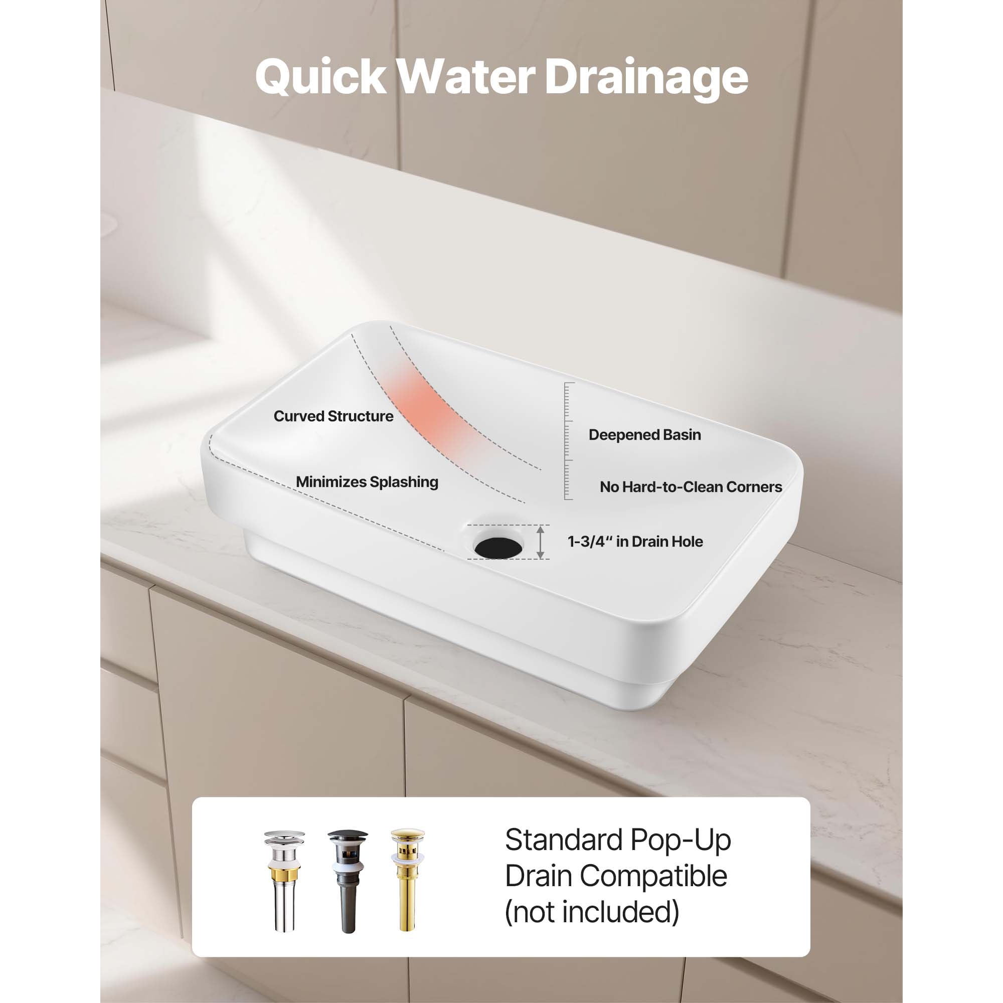 KFFKFF Rectangular Semi-Recessed Bathroom Sink, 19.29 x 12.01 Inch White Ceramic Basin with 1-3/4 Inch Drain Hole, Drop-In Modern Vanity Wash Bowl for Compact Spaces