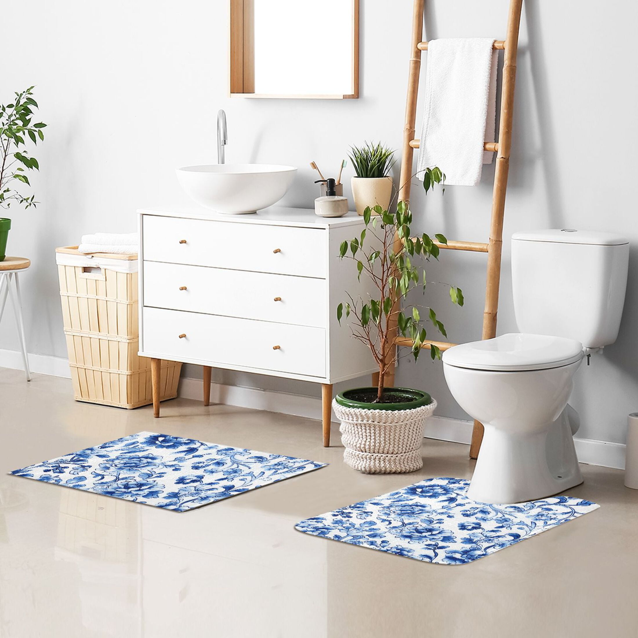 Toilet Rug Set Non-Slip Bathroom Rugs Soft Plush Machine Washable Contour Bath Mat Blue and White Porcelain Floral 24x20/24x16