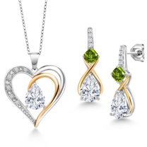 Gem Stone King 925 Sterling Silver and 10K Yellow Gold White Moissanite Green Peridot and White Lab Grown Diamond Pendant Necklace Earrings Set for Women (4.18 Cttw, with 18 inch Chain)