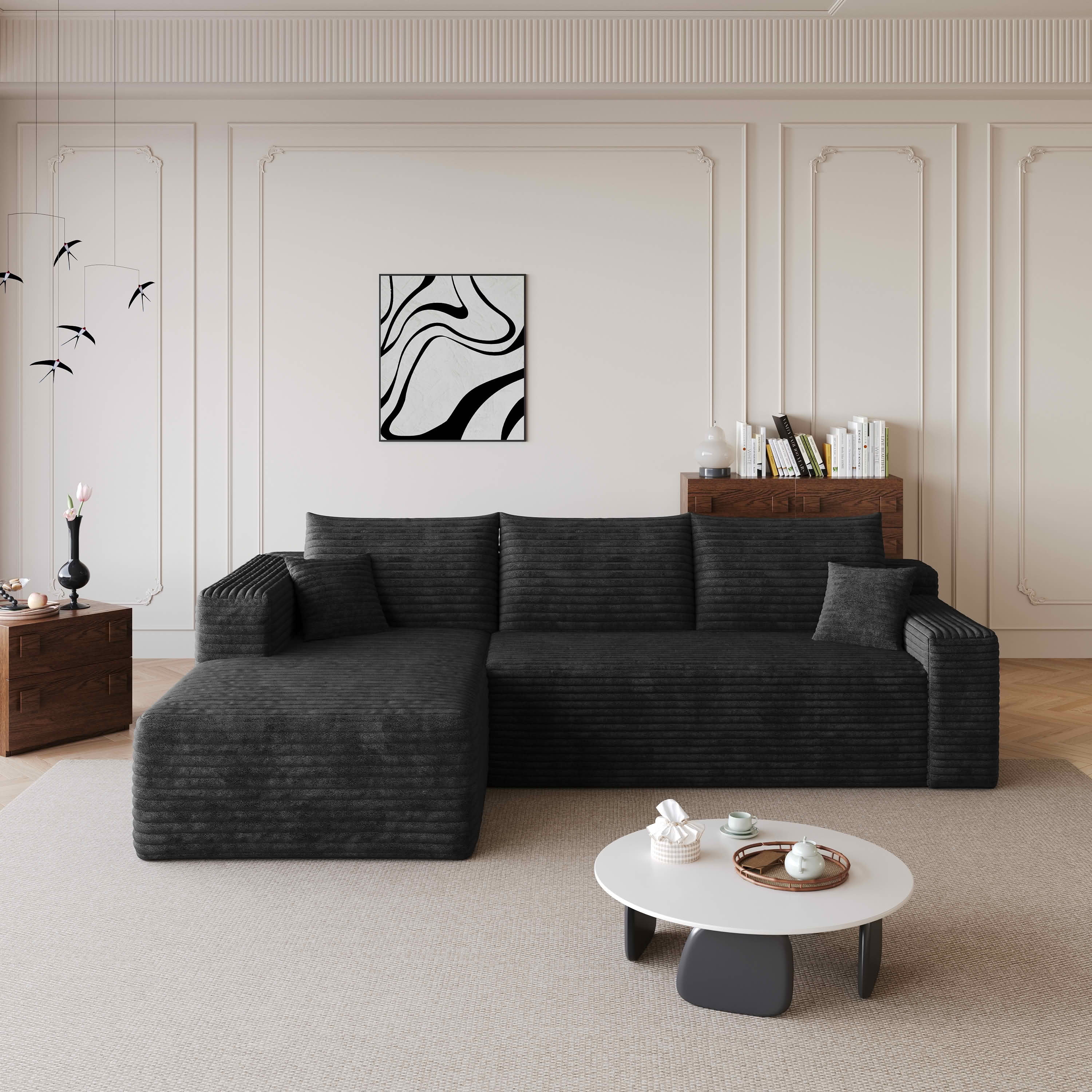 MAYEERTY 95" Cloud Sectional Sofa, U-Shaped Corduroy Upholstered Deep Seat Couch, No Assembly for Living Room, Black