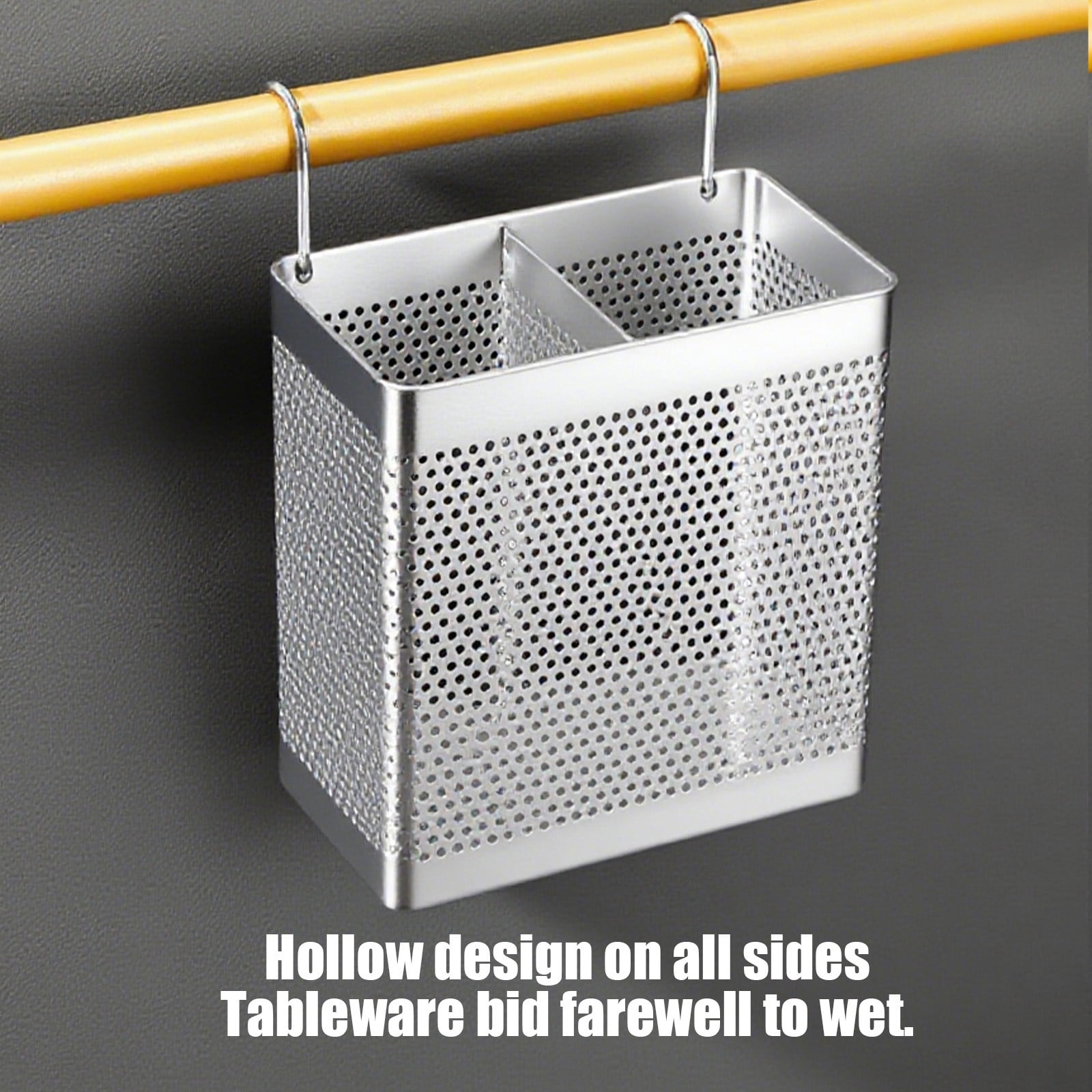 Stainless Steel Chopsticks Holder Ventilated Utensil Organizer with Hanging Hook for Kitchen Countertop Wall Mount Storage Solution for Forks Spoons Cooking Tools Drainage Design