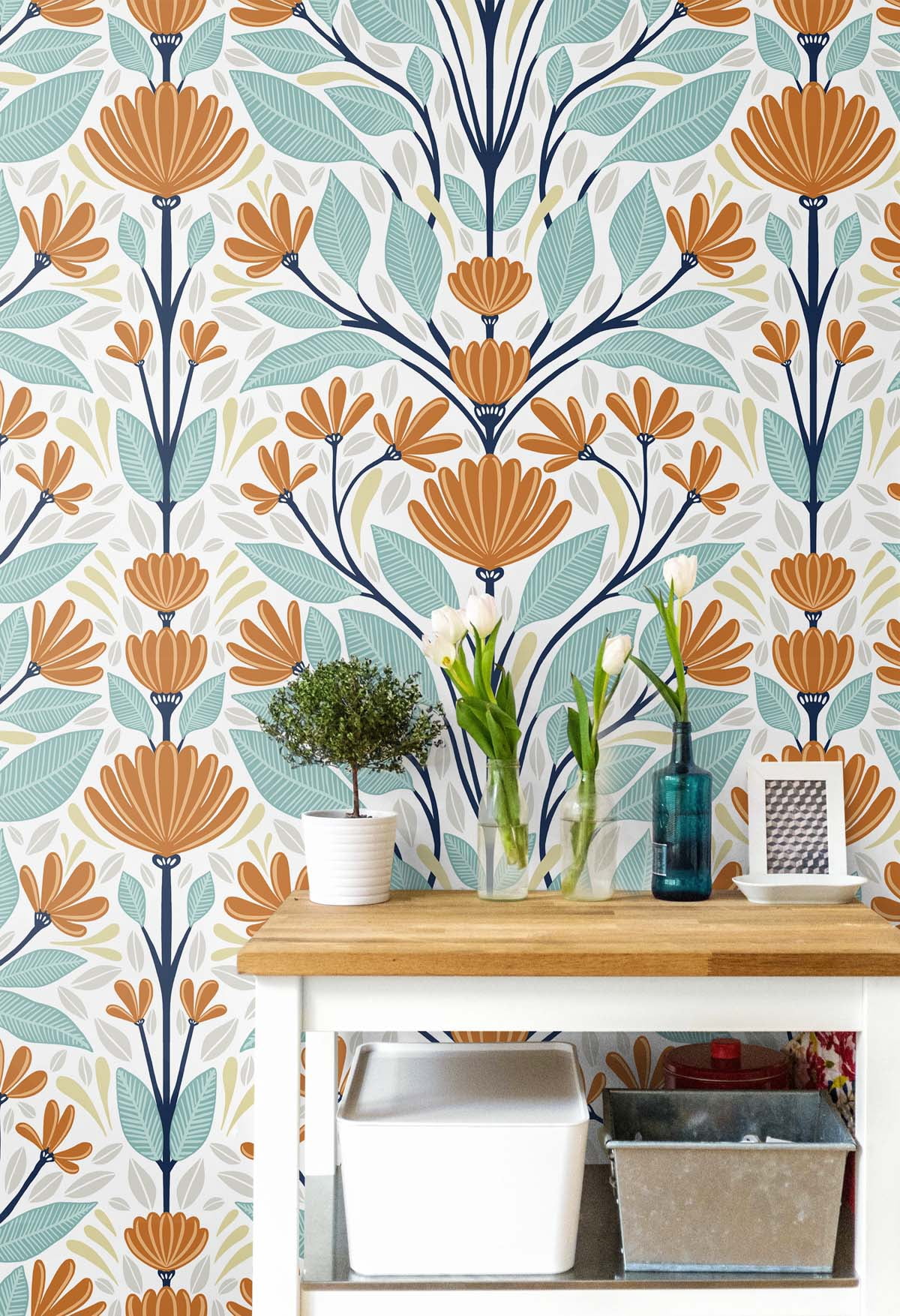 NextWall Verdigris & Orange Folk Floral Peel and Stick Wallpaper