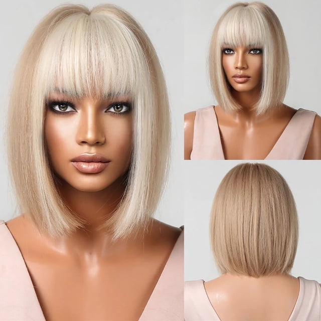 Pelucas sintéticas cortas y rectas para mujer, pelo Natural con flequillo, resistente al calor, uso diario, Cosplay, negro, blanco mixto