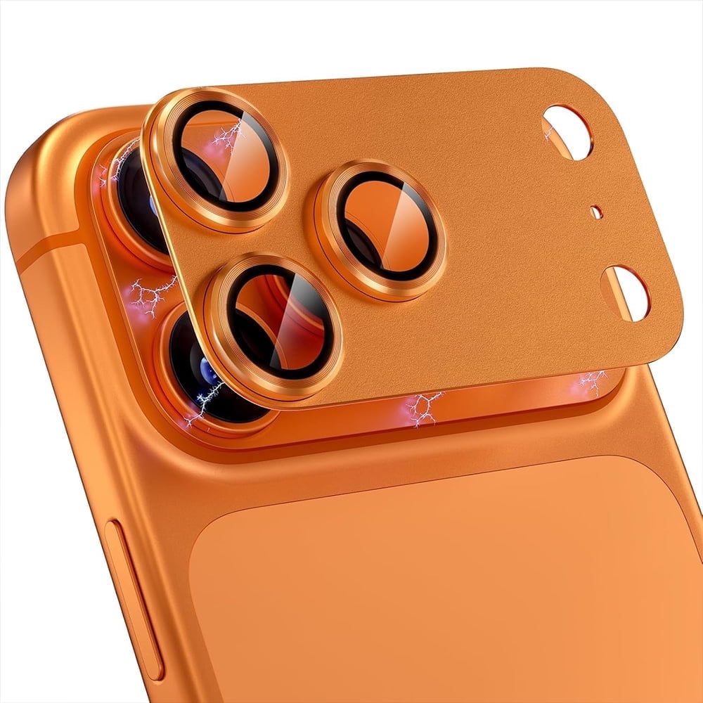 CD Metal Armor Camera Lens Protector for iPhone 17 Pro Max, Orange, Full Coverage HD Tempered Glass