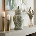 thumbnail image 3 of Contemporary Ceramic Jar for Living Room and Home Decor - Bird and Flower Jar Temple for House Accent or Table Decor - Modern Accent Piece for Room, Bedroom, or Office Display - 15", Green & White, 3 of 12