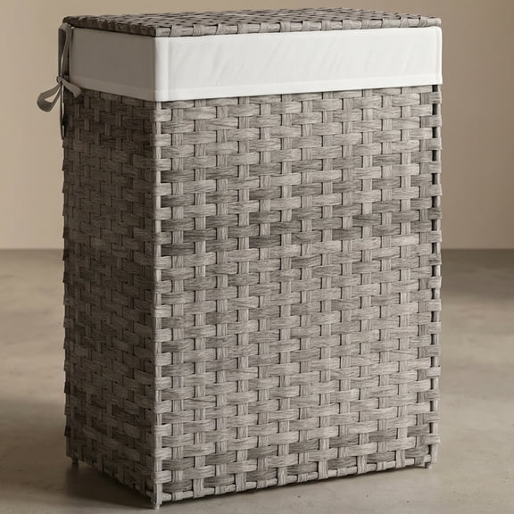 Nordic Hygge 23.8 Gal. Dove Gray Synthetic Rattan Laundry Hamper with Lid and Removable Liner