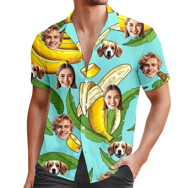 Chemise d'Été pour Homme à Col Cubain Boutonnée avec Motif de Bananes Tropicales pour Tenue Décontractée Extérieure