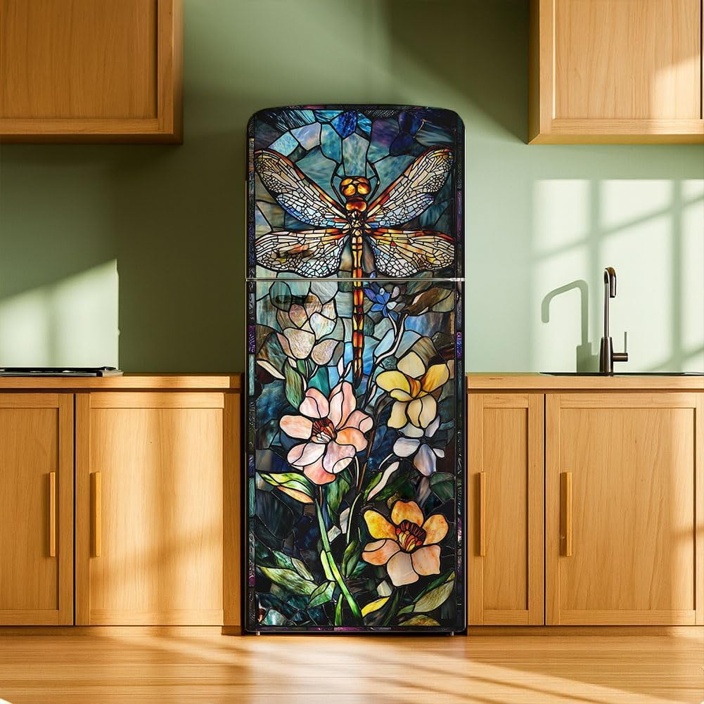 2 Sheet Dragonfly Removable Refrigerator Wraps Self-Adhesive Fridge Stickers Peel and Stick Vinyl Fridge Decals Sticker