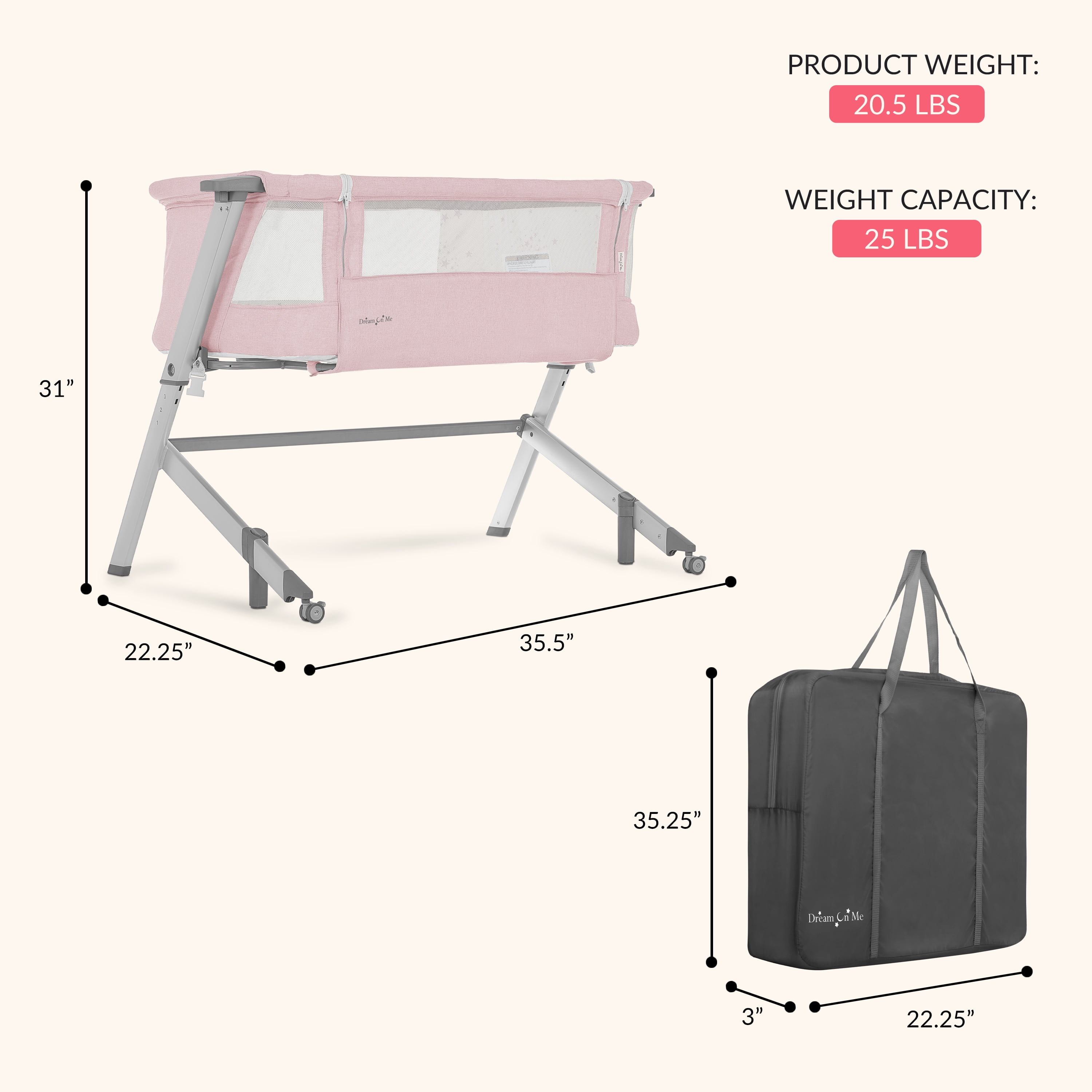 Dream On Me Skylar Bassinet and Bedside Sleeper in Pink, Lightweight and Portable Baby Bassinet