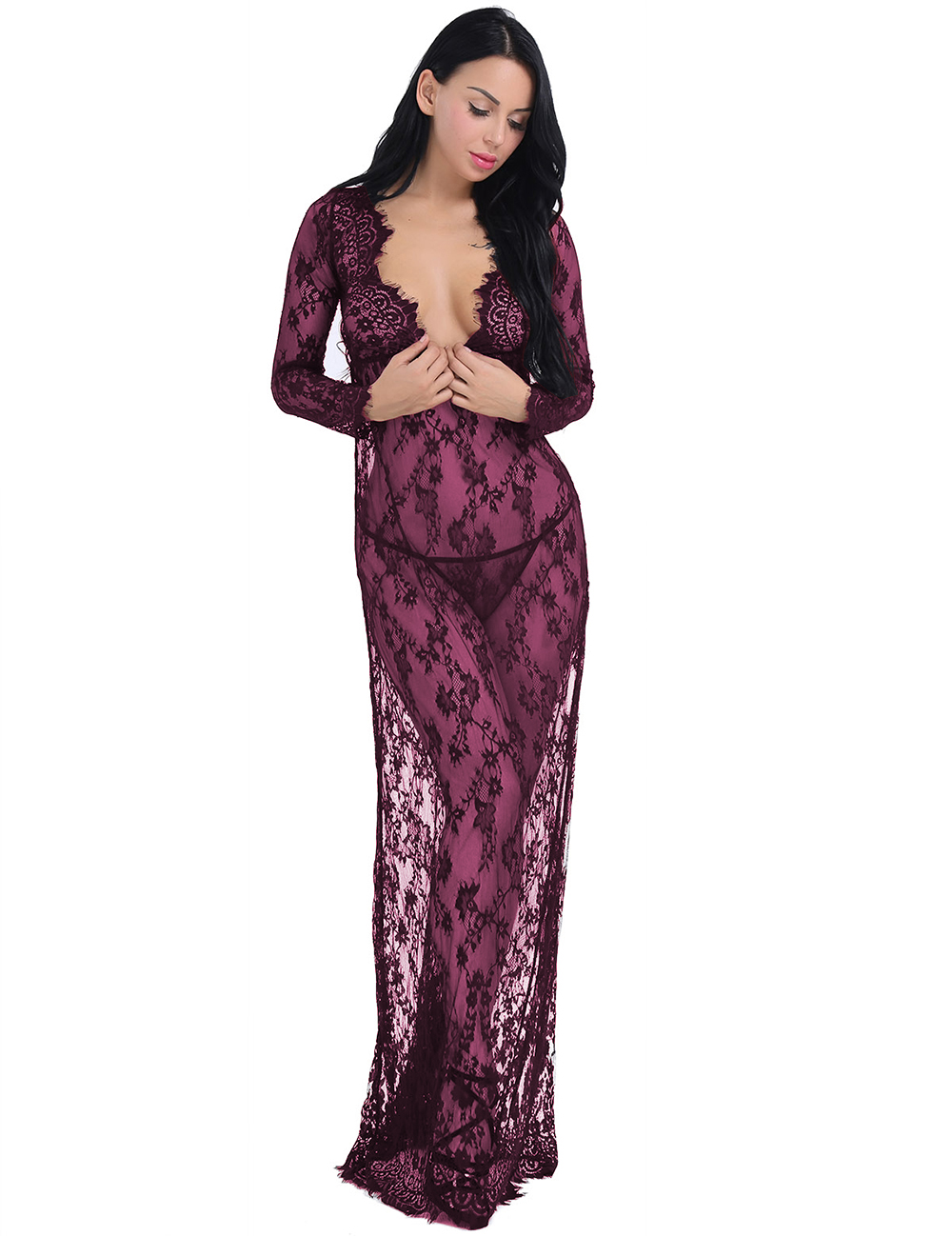 Lily Women's Lingerie Sexy Sheer V-Neck Lace Nightgown Nightdress G-String Babydoll Sleepwear Nightwear 2 Piece Set