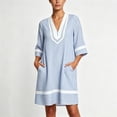 thumbnail image 5 of Women's Striped Dress V-Neck 3/4 Sleeve Colorblock Trim Dress Breathable Beach Resort Sundress Dresses for Women Light Blue S, 5 of 6