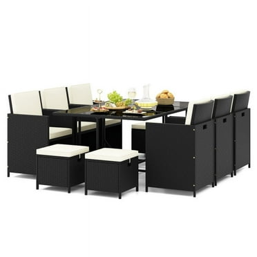 Spaco 11 Piece Patio Dining Set Wicker Chairs and Tempered Glass Table with Waterproof Cushions-Black & White, Furniture Conversation Sets, Coffee Table for Garden, Poolside, Backyard