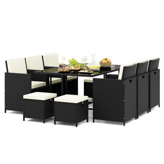 GVN 11 Pieces Metal Outdoor Dining Set with Wicker Chairs and Tempered Glass Table, Black / White