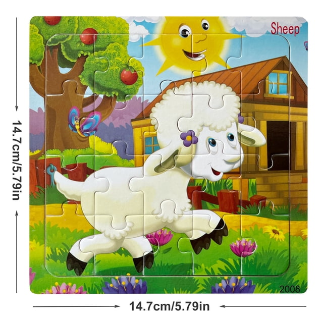 5.79in/14.7cm 20pcs/pack Wooden Puzzle Cartoon Animals Car Letter Number Pattern Jigsaw Puzzles Game, Kids Educational Learning Toys For Children