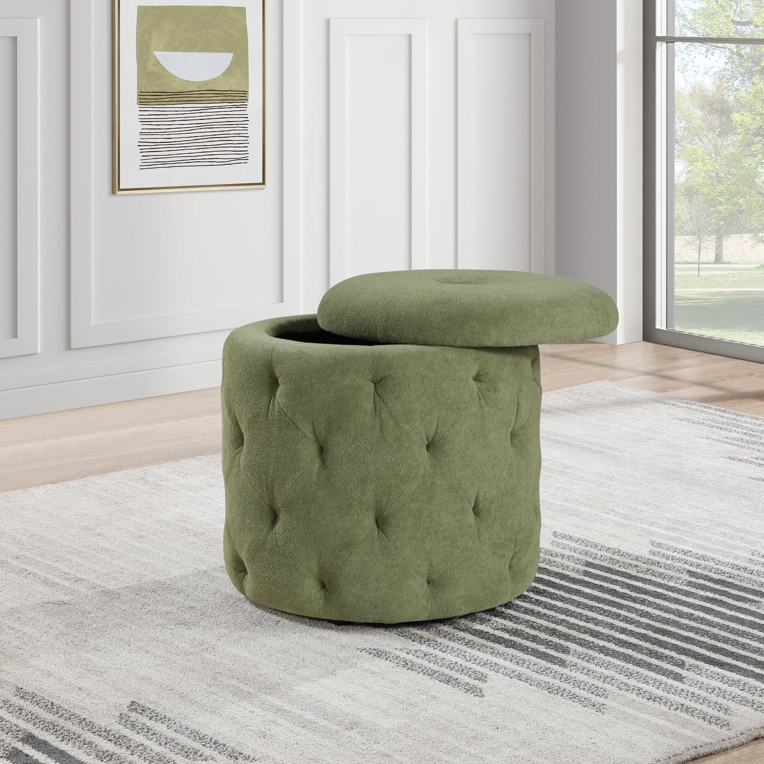 Erindale Round Storage Ottoman in Moss Green Fabric