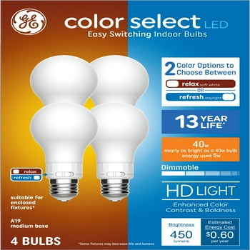 GE Color Select LED Light Bulbs, 40 Watt Eqv,Soft White or Daylight, A19 General Purpose, 13yr, 4pk