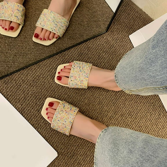 WIZUTIZ Womens Shower Shoes Retro Soft Lightweight House Shoes for Women Summer Jeweled Shimmer BOHO Shower Shoes Square Toe Slide Sandals Beach Slippers Outdoor Slippers Birthday Gifts