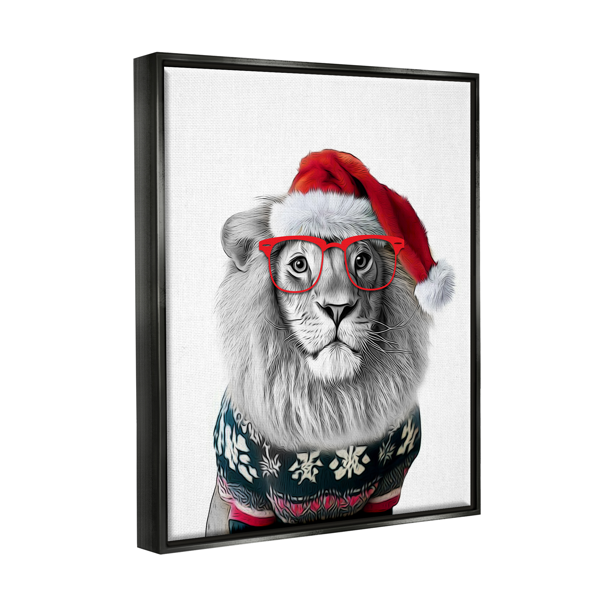 Stupell Industries Lion in Christmas Sweater Holiday Painting Black Floater Framed Canvas Art Print Wall Art, 25 x 31