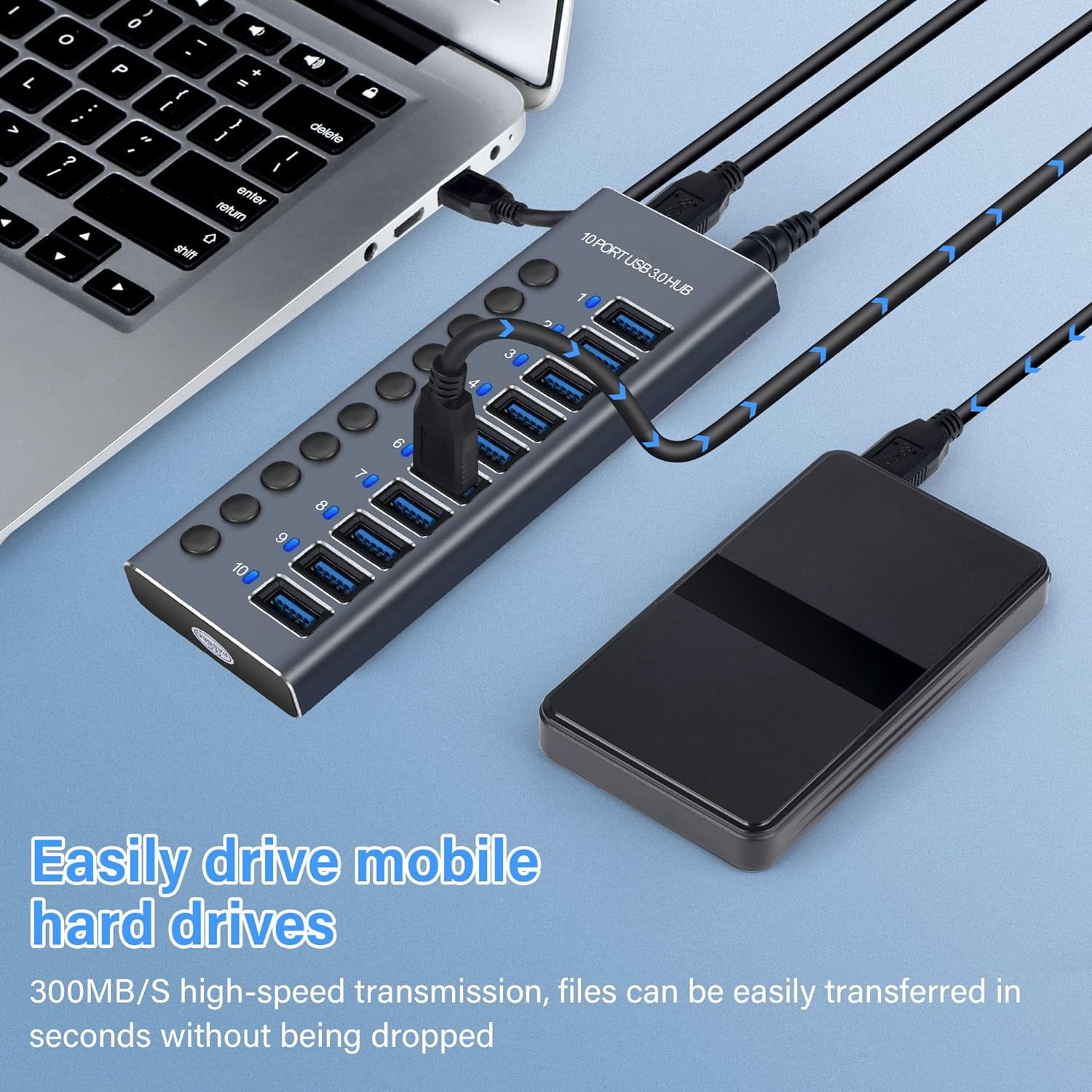 Powered USB Hub, AUBEAMTO Aluminum 10-Port USB 3.0 Hub with 10 USB 3.0 Data Transfer Ports, USB Splitter with Individual Switch and 60W (12V/5A) Power Adapter for Laptop, PC, Computer, Mobile HDD