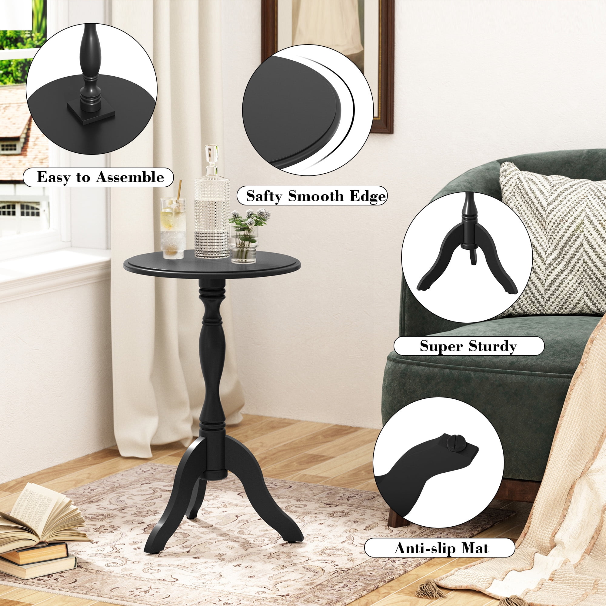 HLR Vintage Style Wooden Round Side Table, Pedestal End Table for