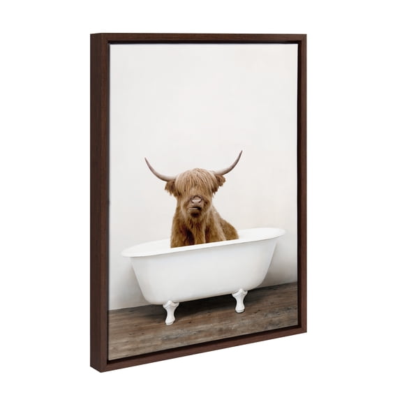 Kate and Laurel Sylvie Highland Cow in Tub Color Framed Canvas Wall Art by Amy Peterson Art Studio, 18 x 24, Gray, Funny Bathroom Animal Art