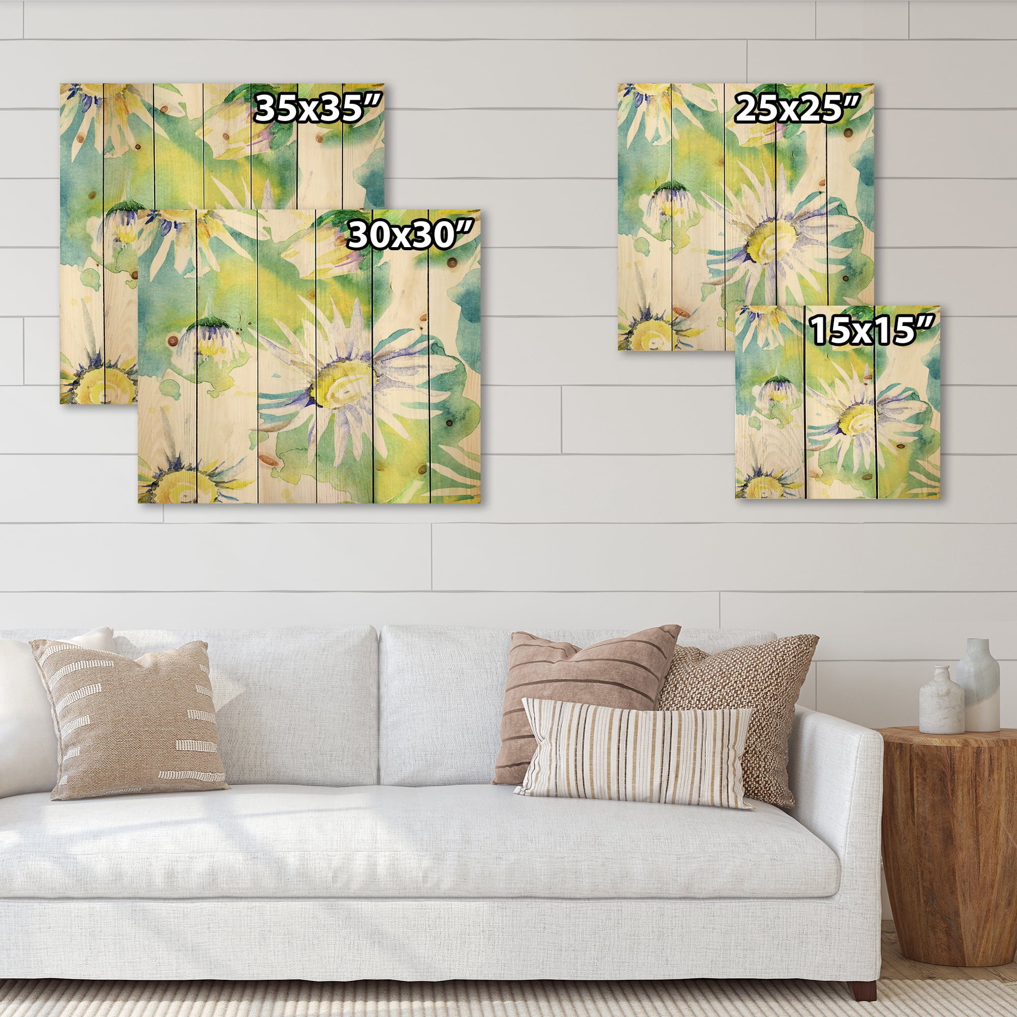 Designart 'Aquarelle Impression of Daisy Flowers II' Traditional Print on Natural Pine Wood
