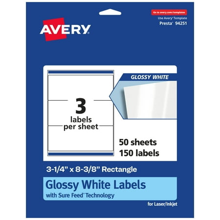 UPC: 0194793904970 | Avery Glossy White Rectangle Labels with Sure Feed  3-1/4  x 8-3/8   150 Glossy White Labels  Permanent Label Adhesive  Laser/Inkjet Printable Labels