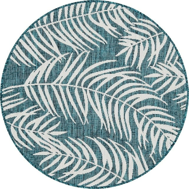 Unique Loom Outdoor Botanical Bohemian Leaves Rug 4' x 4' Round Teal/Ivory