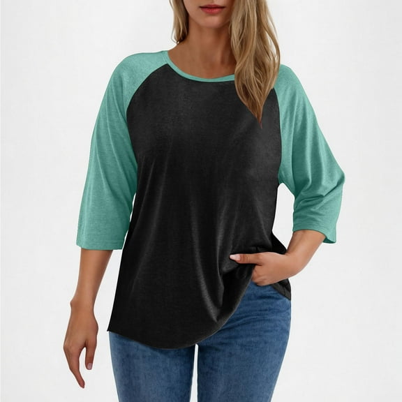 Frostluinai 3/4 Sleeve Plus Size Tops Women Crew Neck Color Block Raglan Shirts Casual Loose T Shirts Lightweight Going Out Tees Gifts for Women