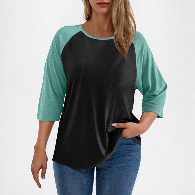 Meichang T-Shirts à Manches 3/4 Grande Taille pour Femmes, Col Rond, à Blocs de Couleur, Raglan, Décontractés, Amples, Légers, pour Sorties, Cadeaux pour Femmes