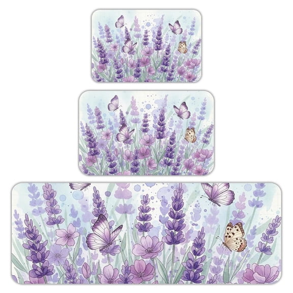 RKSupls Kitchen Rug Set 3 Piece Anti-Slip Flannel Floor Mats, Lavender Purple Washable Absorbent Runner Mats for Kitchen Bathroom Home Decor