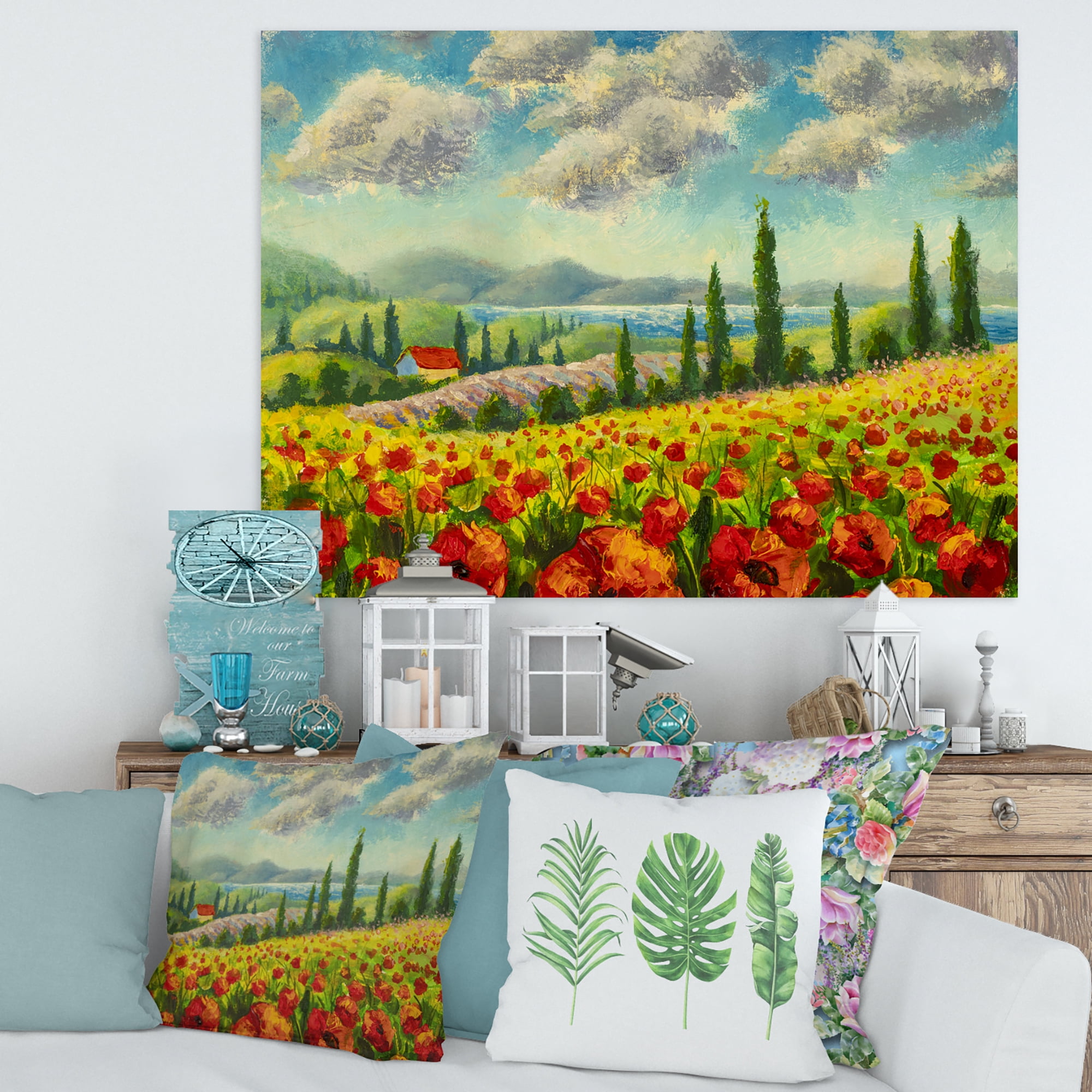 Designart ' Beautiful Landscape With Poppies Flowers By Riverside ' Traditional Canvas Wall Art Print