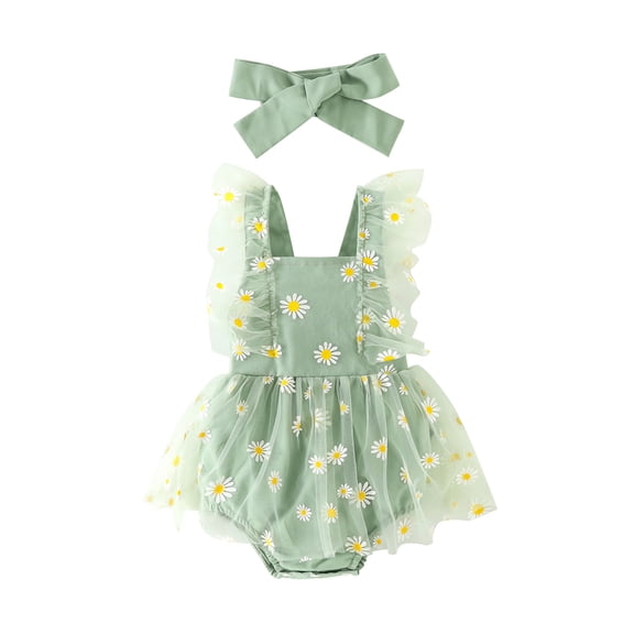 Gupgi Baby Girl 2Pcs Summer Outfits, Ruffle Sleeve Daisy Print Romper Mesh Dress with Headband Set