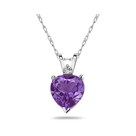 14k 8 Mm Heart - 8mm Heart Amethyst and Diamond Stud Pendant in 14K White Gold