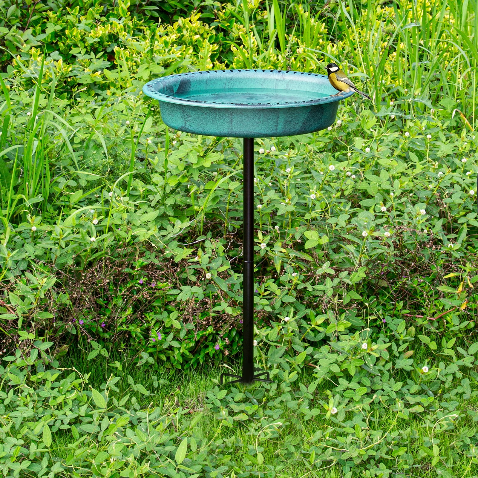 OBENSKY Oval Polyresin Bird Bath Bowl with Metal Stake, 34 Inch Height Outdoor Freestanding Birdfeeder - Green