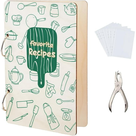 Favorite Recipe Greeting Card Organizer Food Journal Card Keeper Kitchen Planner Card Holder Wooden Loose Leaf Photo Album 2-Rings Cover with Punch and 20pcs Inner Pockets