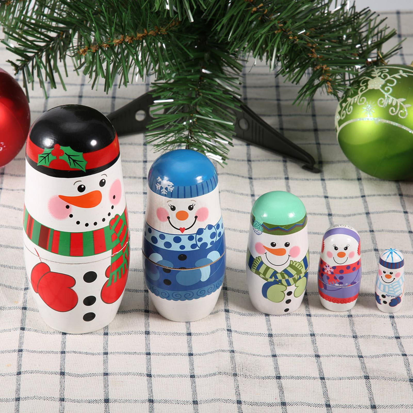 5Pcs And Lovely Wood Christmas Nesting Dolls, Handpainted Nesting