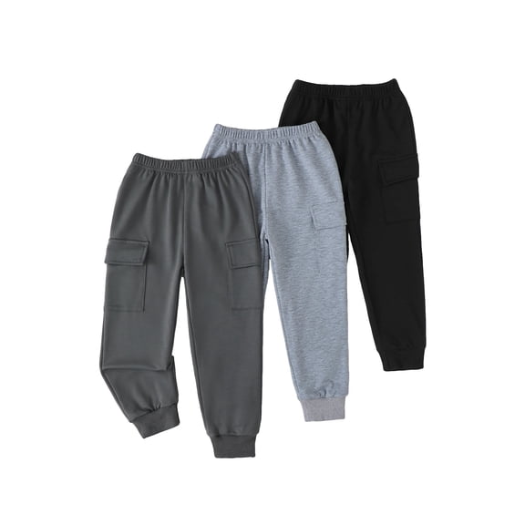 Toddler Boys Clothes Boys Pants Kids 3-Pack Joggers Toddler Cargo Casual Elastic Waist Pants for Boys 3T 4T 5T Size 6 7 Black Gray