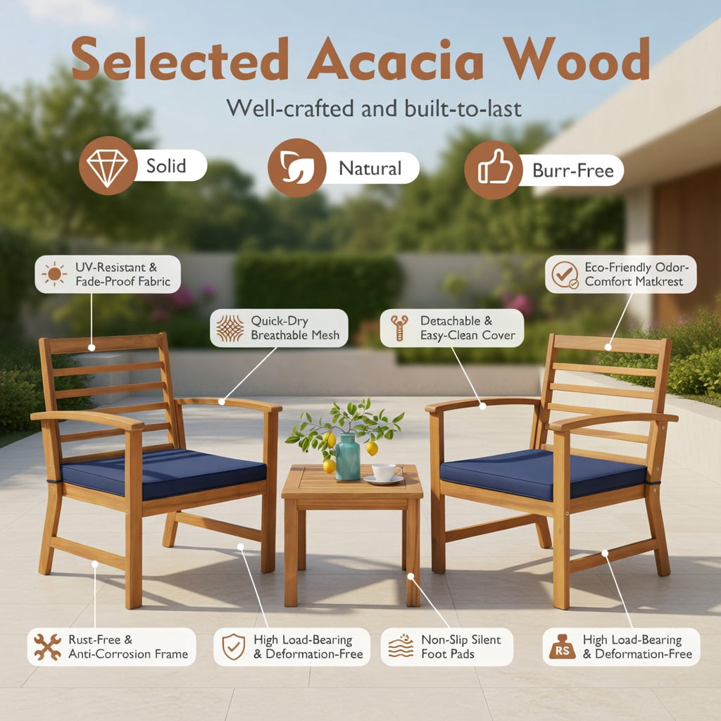 Hommoo 3-Piece Acacia Wood Outdoor Patio Furniture Set with Cushions, Durable Backyard Seating for Poolside, Porch, or Deck, Navy