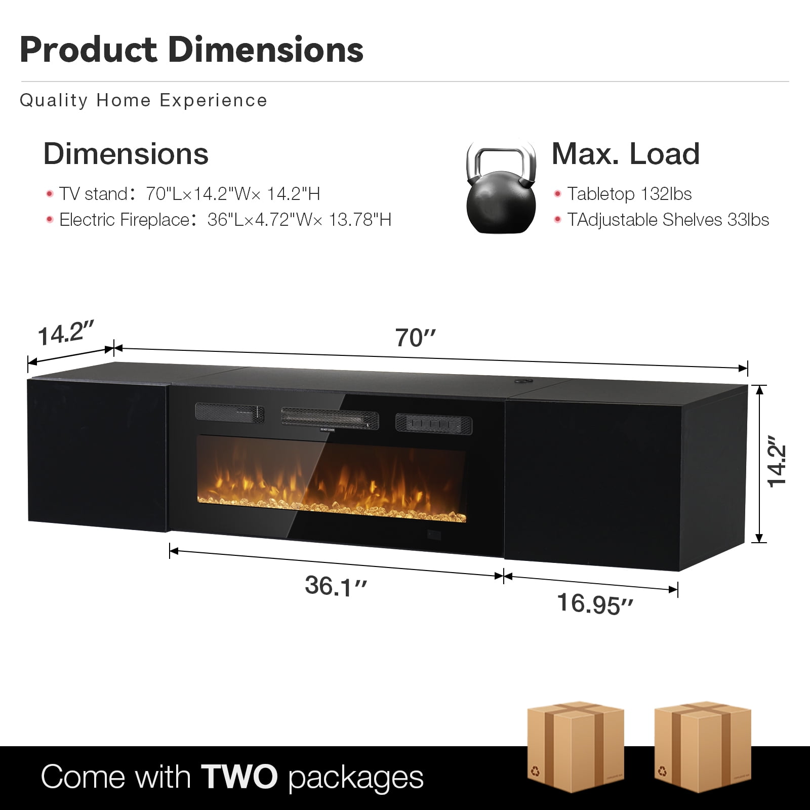 Easoger Floating TV Stand with 36" Electric Fireplace, Wall Mounted Fireplace Entertainment Center with Storage for TVs Up to 80", Adjustable Partition, Black/White (All Black)
