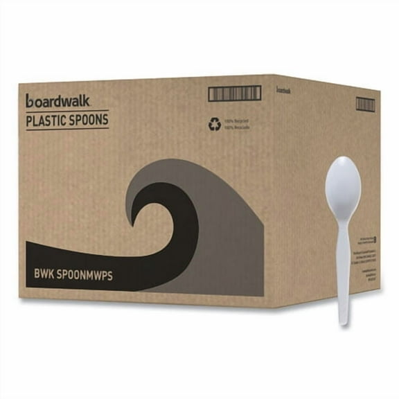 Mediumweight Polystyrene Cutlery, Spoon, Plastic, White, 100/Box, 10 Boxes/Carton | Bundle of 2