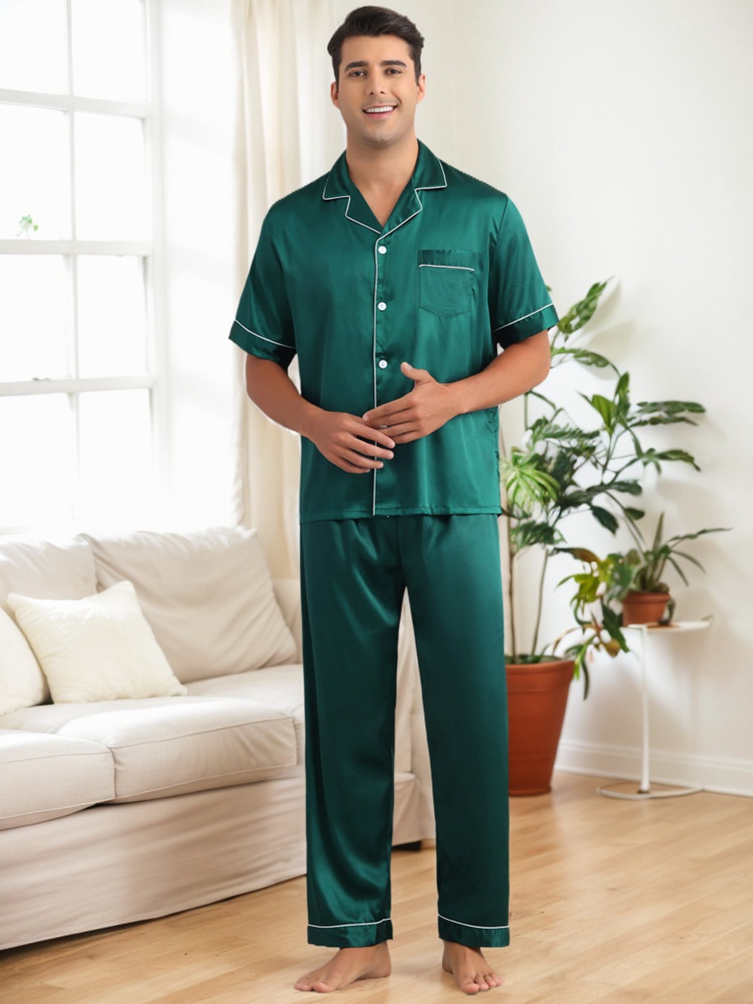 DARING DIVA Men's 2-Piece Pajama Set Button Down Short Sleeve Shirt Pants L Dark Green
