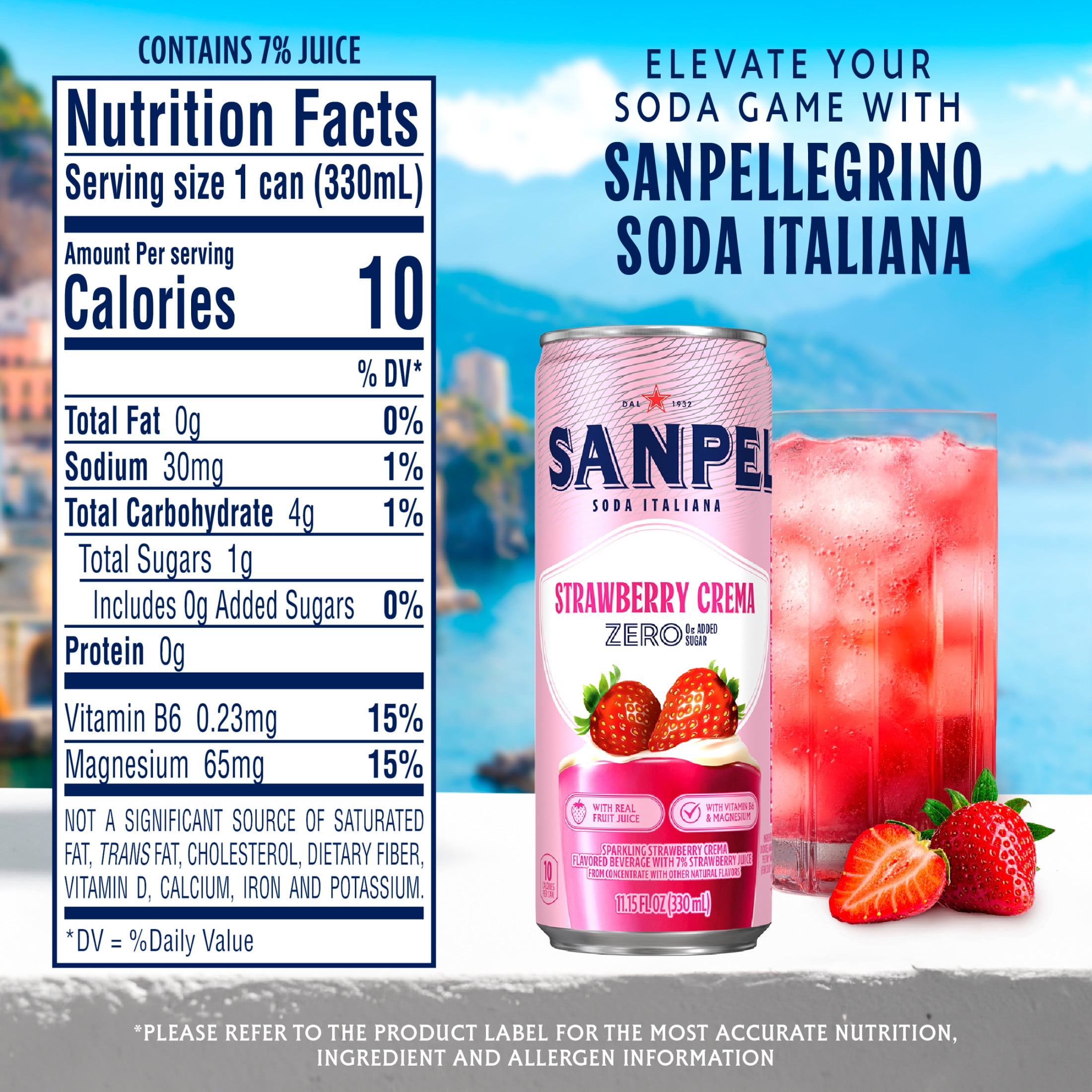 Sanpellegrino Soda Italiana Strawberry Crema, Low Calorie Zero Added Sugar Italian Soda, 6 Pack Cans