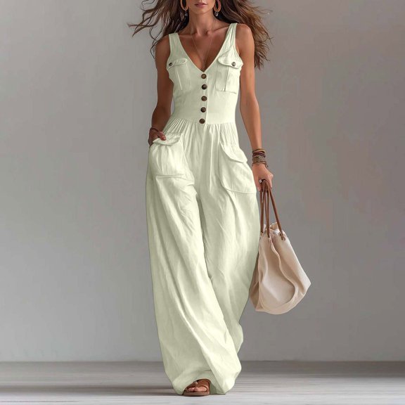 Womens Wide Leg Flowy Jumpsuits Button Down Sleeveless V Neck Jumpsuit Cargo Pocket Fitted Casual Romper Jumpsuit with Pockets Trendy Outfits Clothes