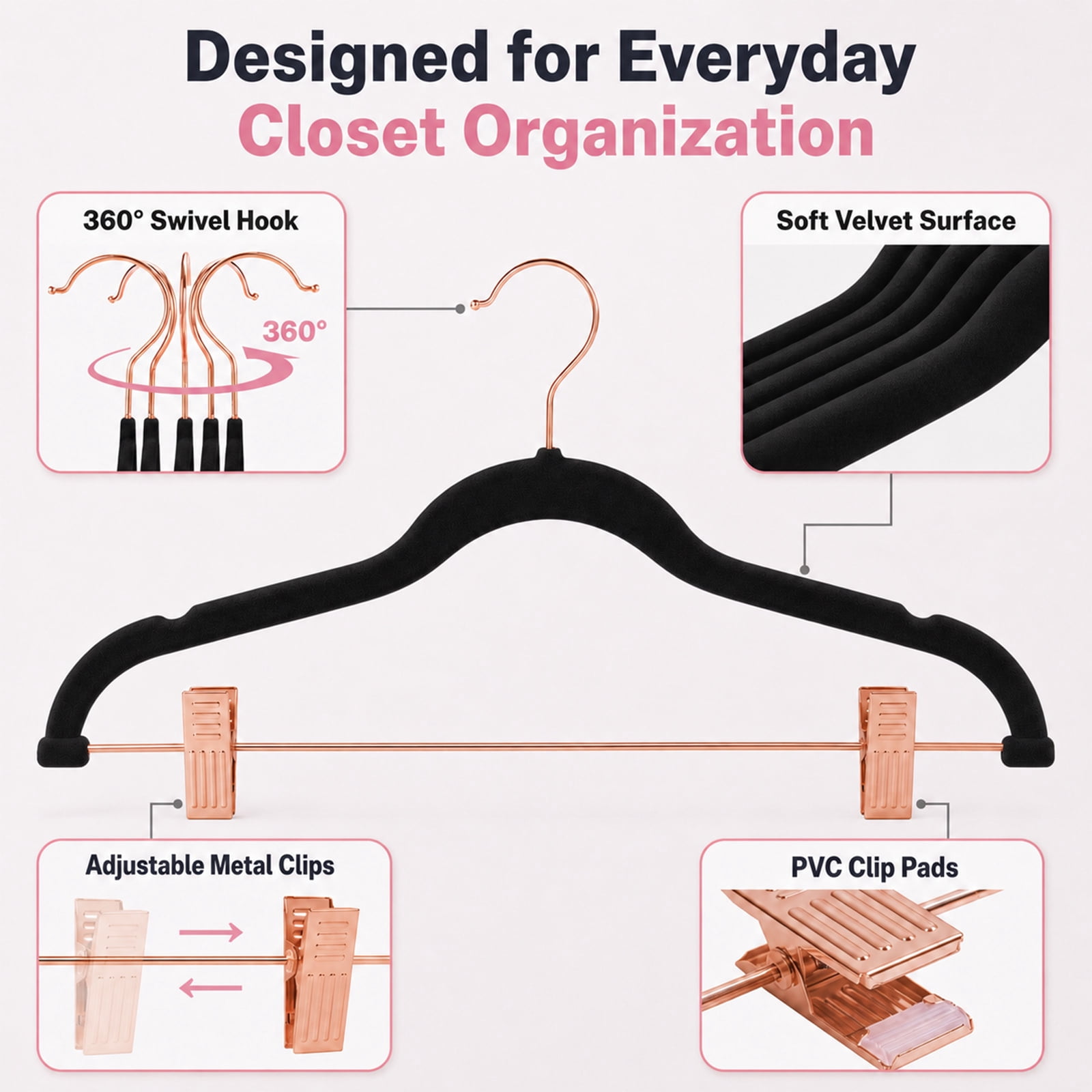 ACSTEP 24 Pack Velvet Pants Hangers with Adjustable Clips, Non-Slip Slim Skirt Hangers for Pants, Jeans, Dresses & Closet Organization, Black