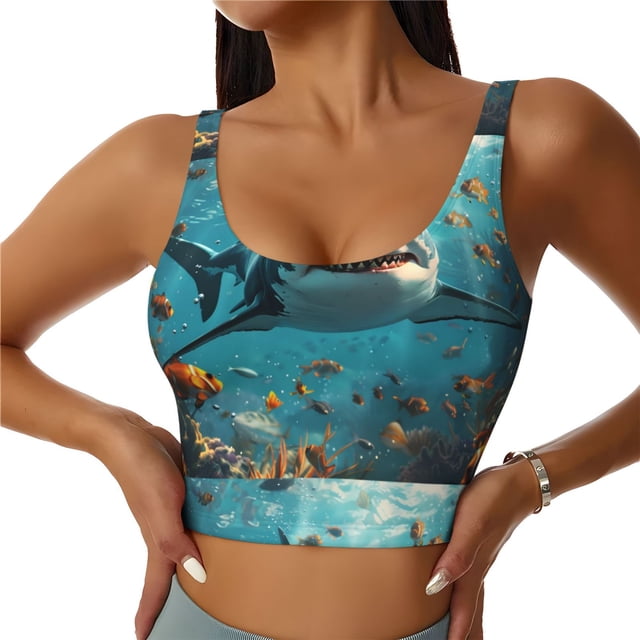 Balery Realistic Ocean Shark Sujetadores deportivos con espalda cruzada para mujer, acolchados, sin costuras, de alto impacto, ideales para yoga, gimnasio, entrenamiento y fitness.-Medium