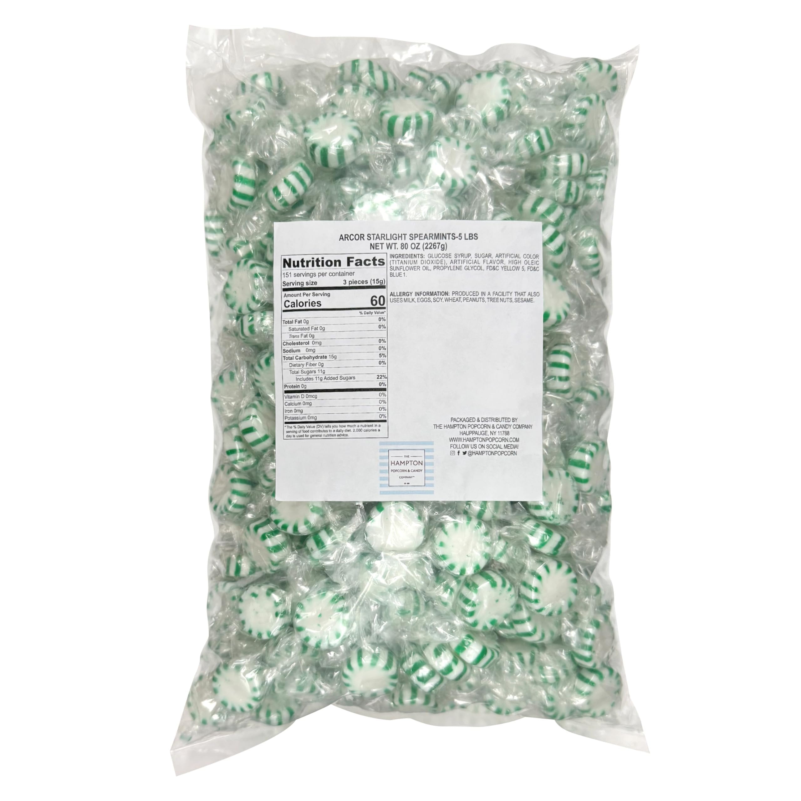 Arcor Starlight Spearmint Candy, 5 Pound Bulk Spearmint Hard Candy Approx. 375 pcs., Individually Wrapped Spearmints, Green Candy