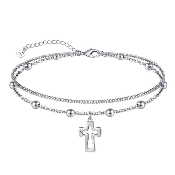 CHIC & ARTSY Ankle Bracelets for Women 925 Sterling Silver Anklets for Women - Adjustable Hypoallergenic Layered Foot Chain with Christian Cross Anklet