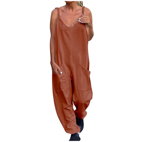 Wenini Women'S Jumpsuits, Rompers & Overalls U-Neck Sleeveless Long Solid Summer Pants Fashion Pocket Loose Casual Jumpsuits Orange l