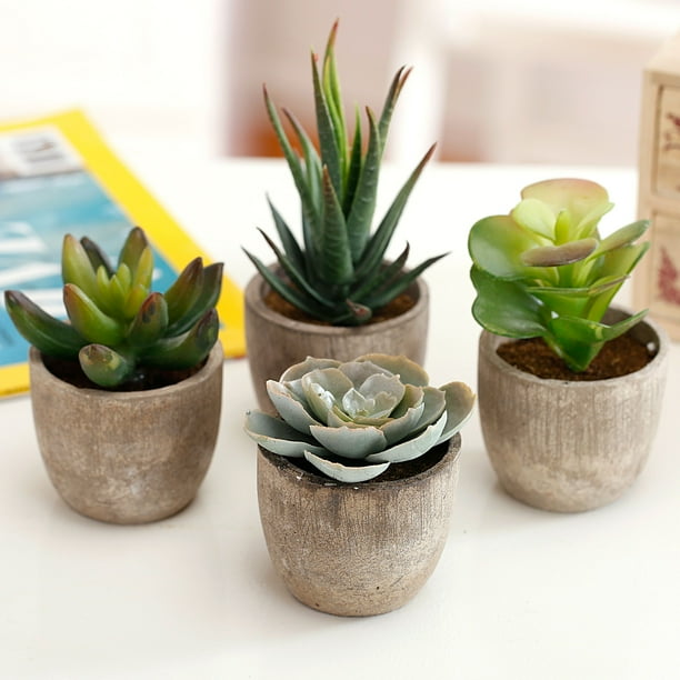 Set of 4 Assorted Decorative Artificial Succulent Plants with Gray Pots